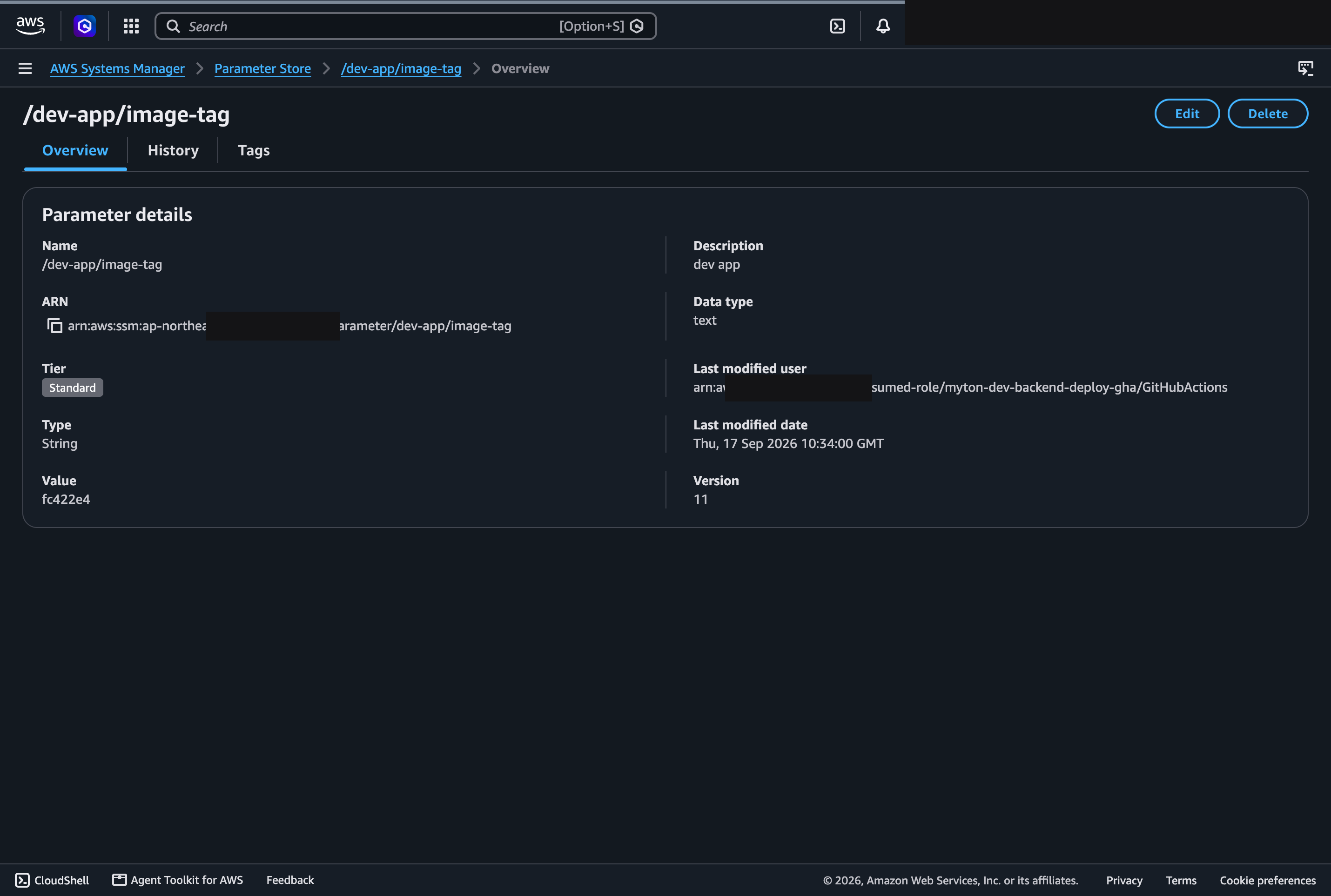 SSM 파라미터dev-app/image-tag, 값 fc422e4, GitHubActions가 수정