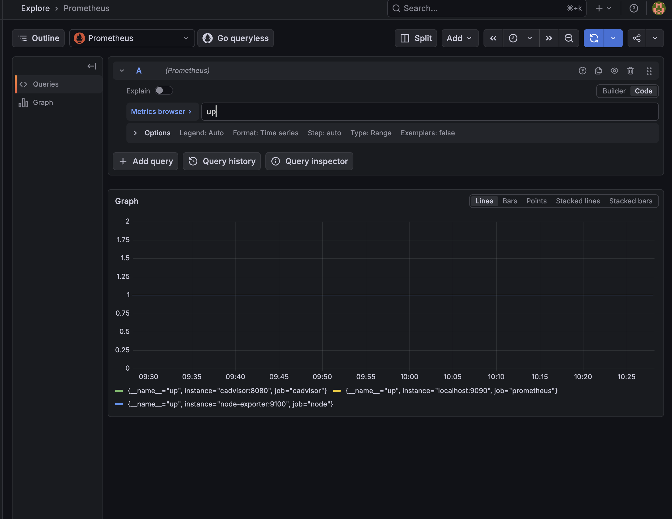 Grafana Explore에서 up 쿼리 성공